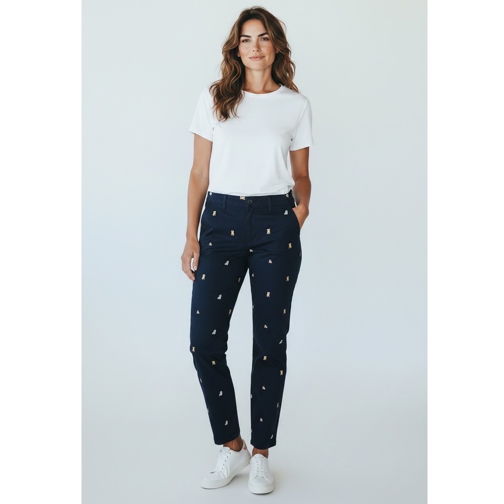 Talbots Relaxed Chino Pants Women's 8 Navy Blue Embroidered Dog Novelty Print